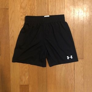 Under Armour kids shorts size 5 black-  small logo and large logo on side of leg